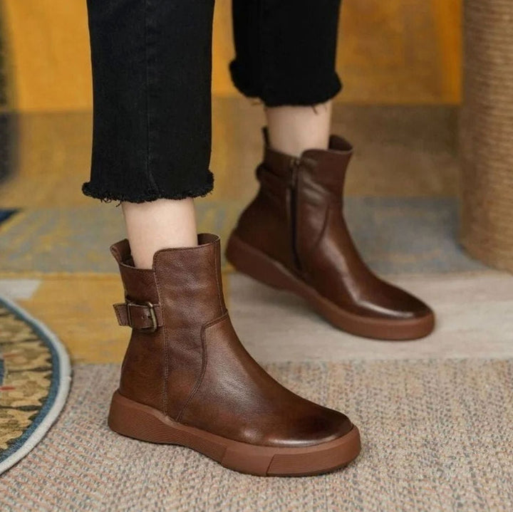 Women's Leather Buckle Flat-Platform Ankle Boots