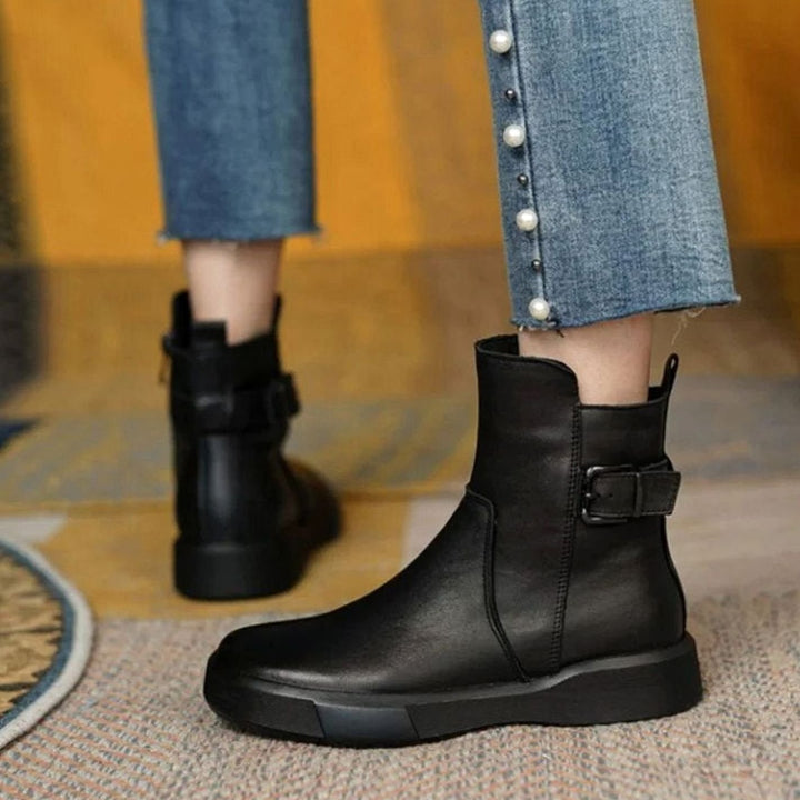 Women's Leather Buckle Flat-Platform Ankle Boots