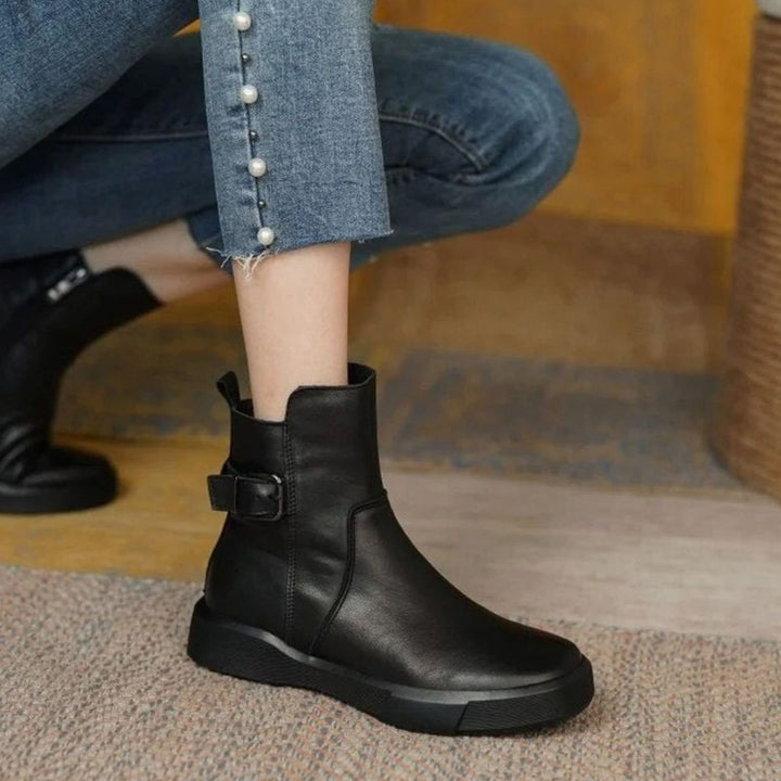 Women's Leather Buckle Flat-Platform Ankle Boots