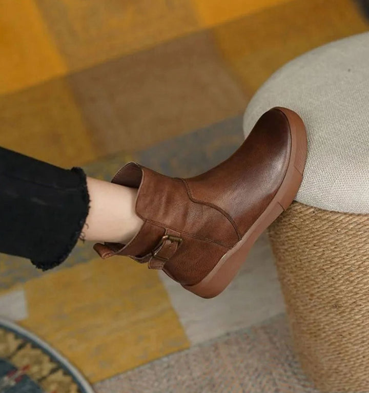 Women's Leather Buckle Flat-Platform Ankle Boots