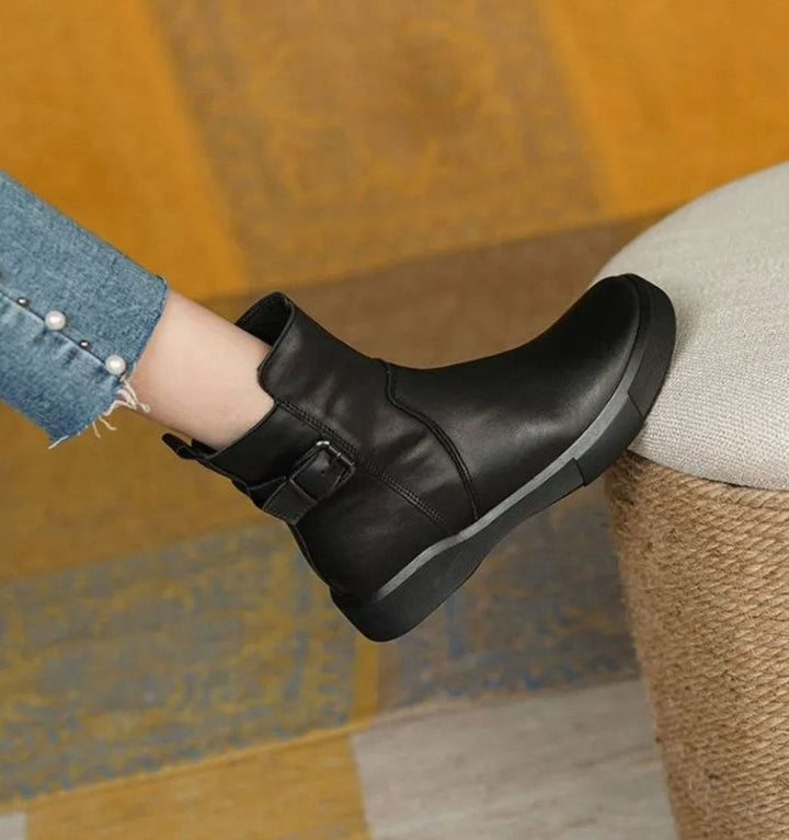 Women's Leather Buckle Flat-Platform Ankle Boots
