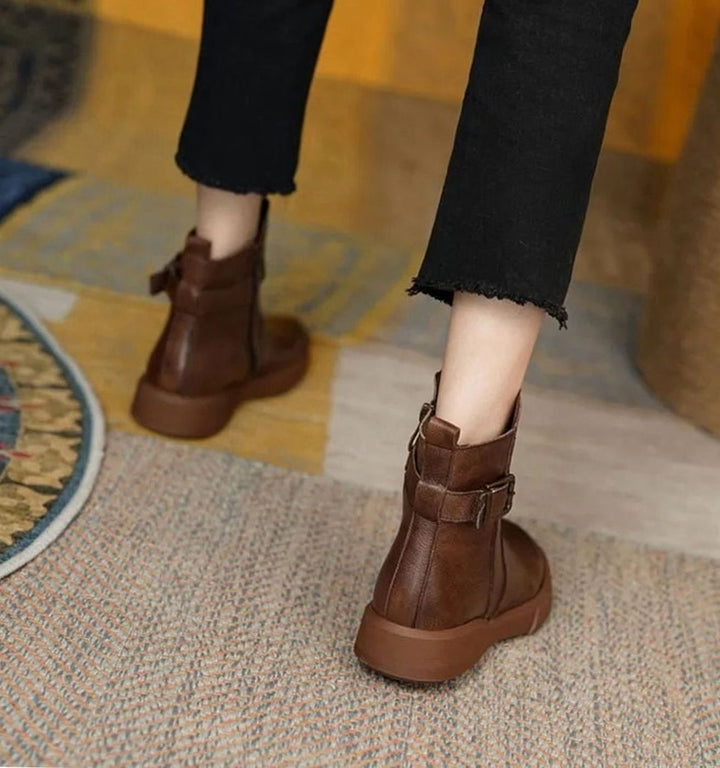 Women's Leather Buckle Flat-Platform Ankle Boots