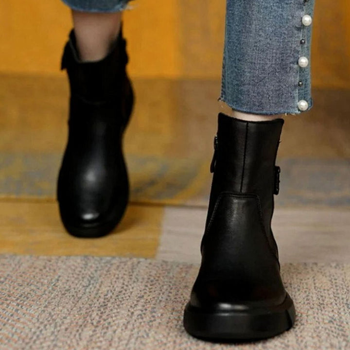 Women's Leather Buckle Flat-Platform Ankle Boots - Black