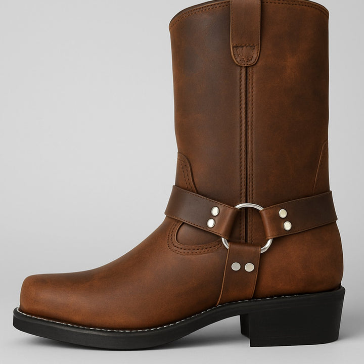 Women's Leather Harness Cowboy Boots Square-Toe Western Pull-On - Yellow Brown