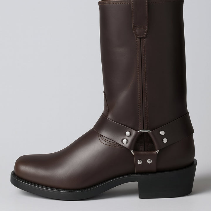 Women's Leather Harness Cowboy Boots Square-Toe Western Pull-On - Dark Brown