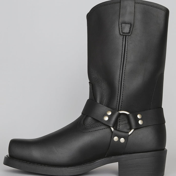Women's Leather Harness Cowboy Boots Square-Toe Western Pull-On - Black