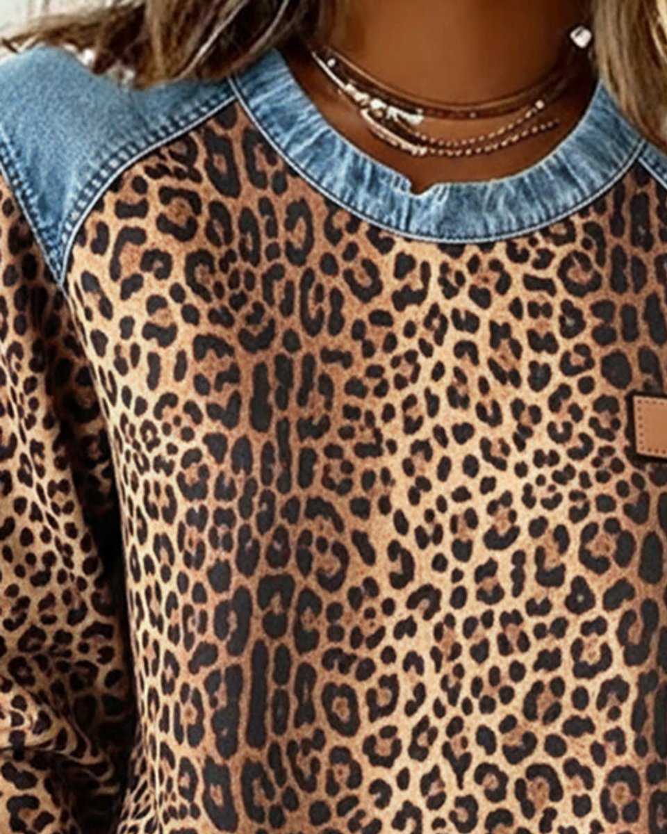 Women's Leopard Print Denim Patchwork Crewneck Sweater