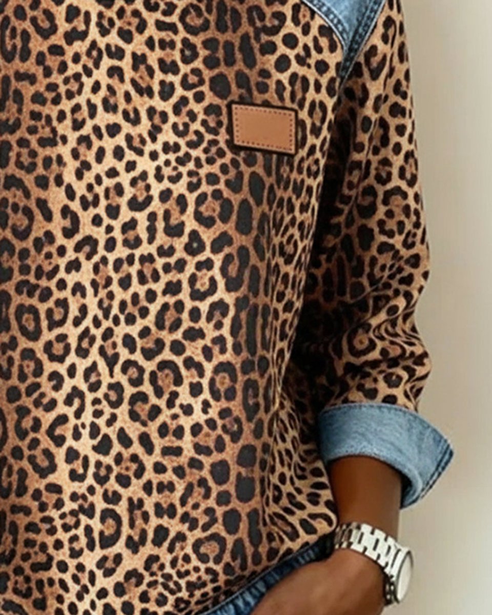 Women's Leopard Print Denim Patchwork Crewneck Sweater