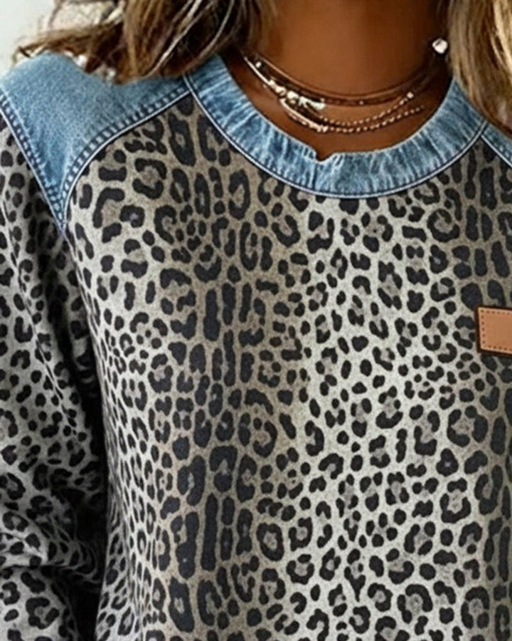 Women's Leopard Print Denim Patchwork Crewneck Sweater