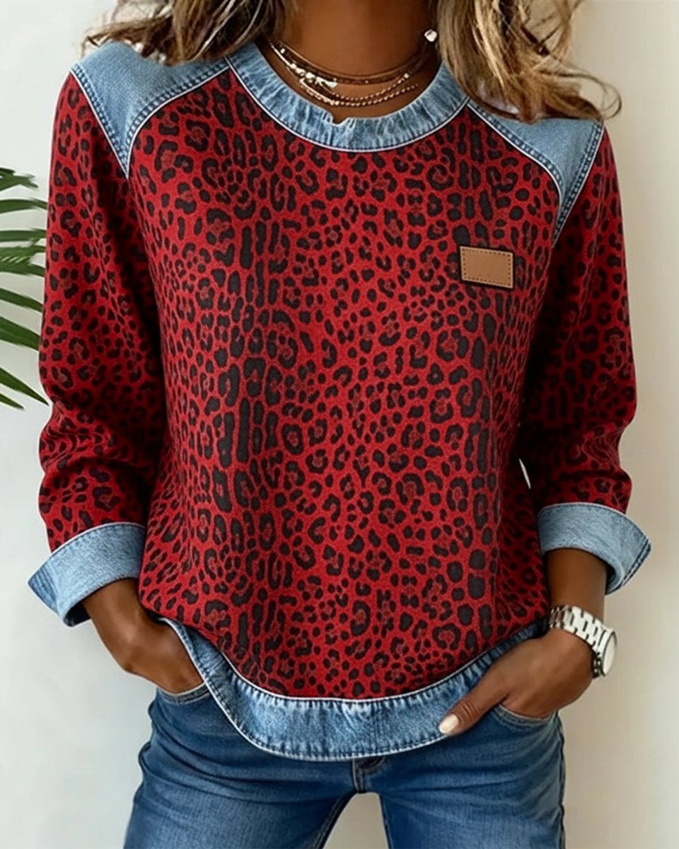 Women's Leopard Print Denim Patchwork Crewneck Sweater - Red