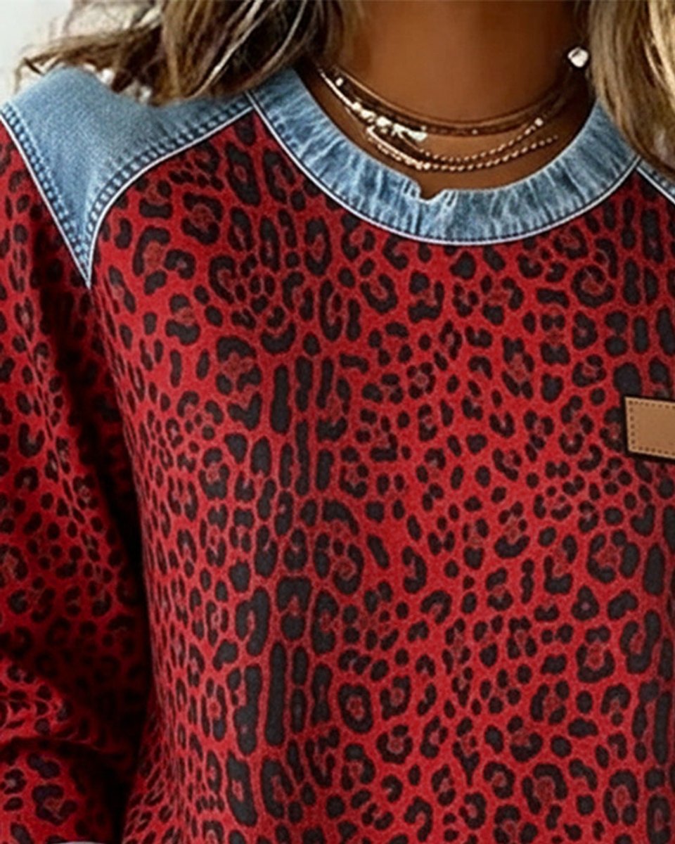 Women's Leopard Print Denim Patchwork Crewneck Sweater