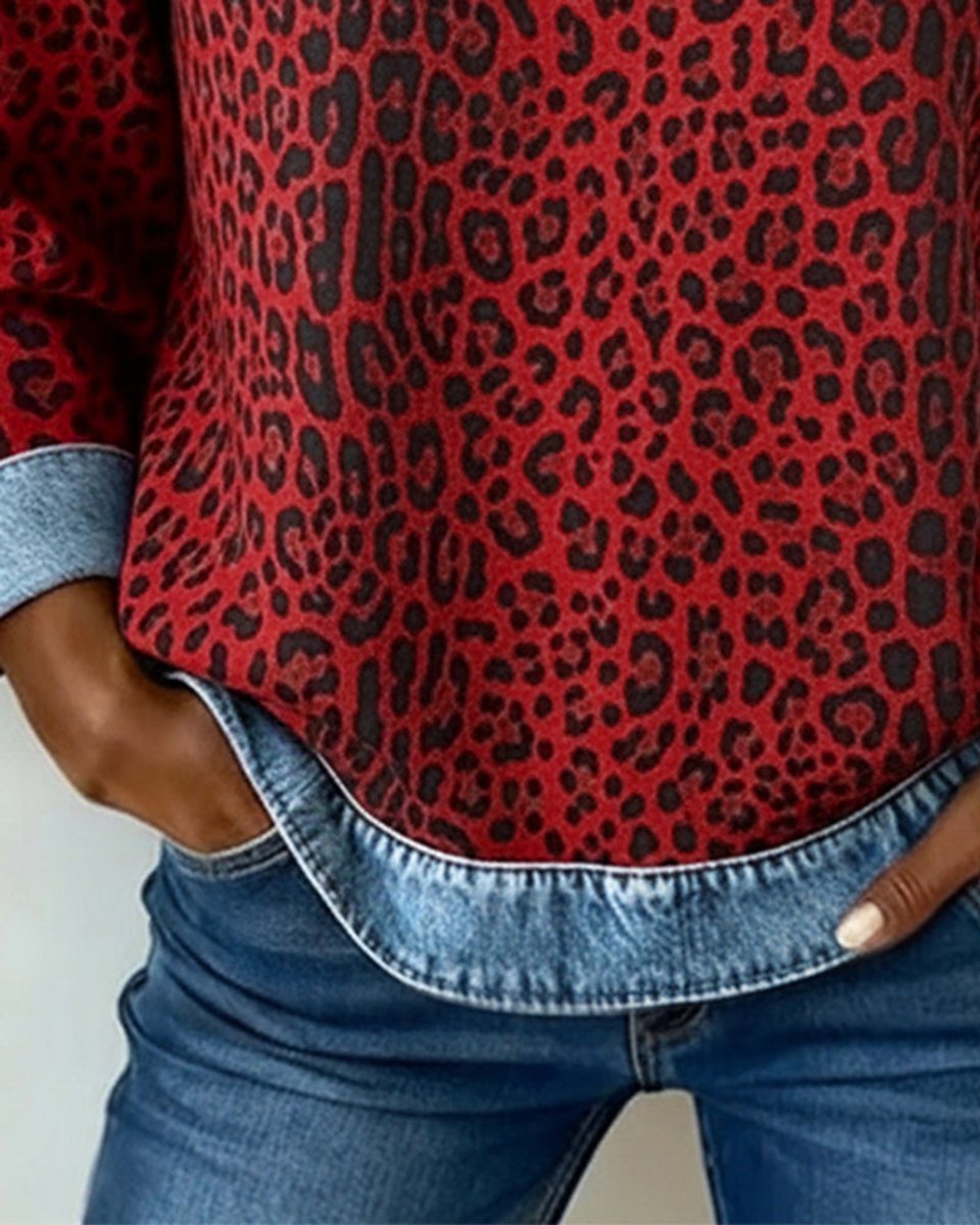 Women's Leopard Print Denim Patchwork Crewneck Sweater