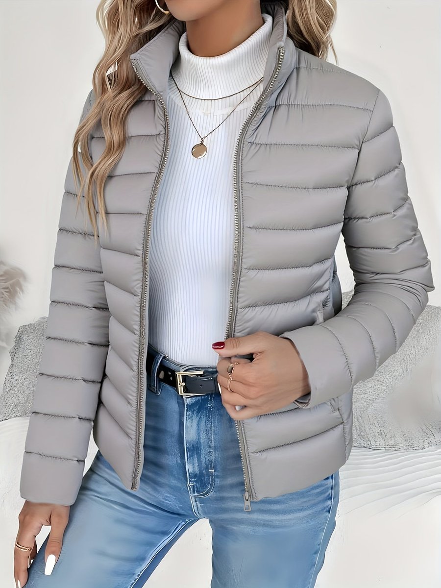 Women's Lightweight Quilted Puffer Coat Stand Collar Zip-Up - Gray