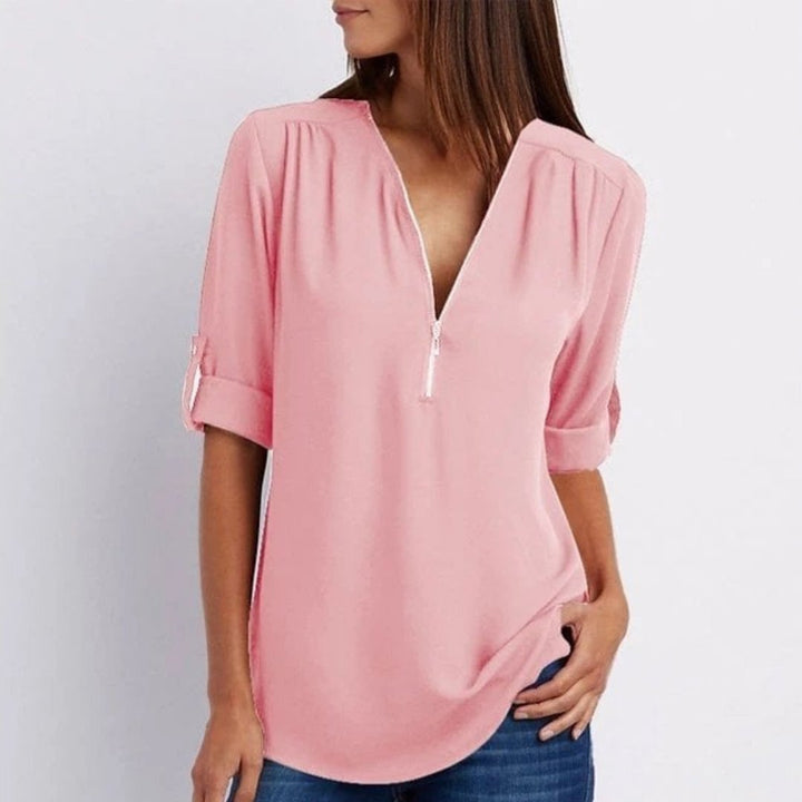 Women's Lightweight Zip-Front V-Neck Roll-Sleeve Blouse - Pink