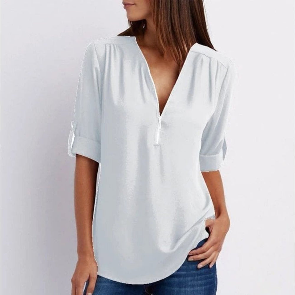 Women's Lightweight Zip-Front V-Neck Roll-Sleeve Blouse - White