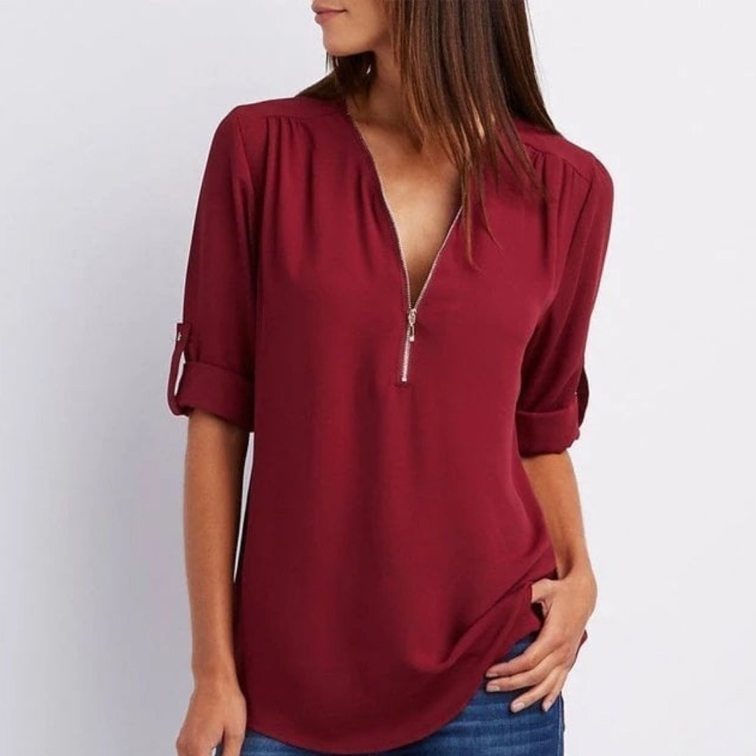 Women's Lightweight Zip-Front V-Neck Roll-Sleeve Blouse - Dark Red