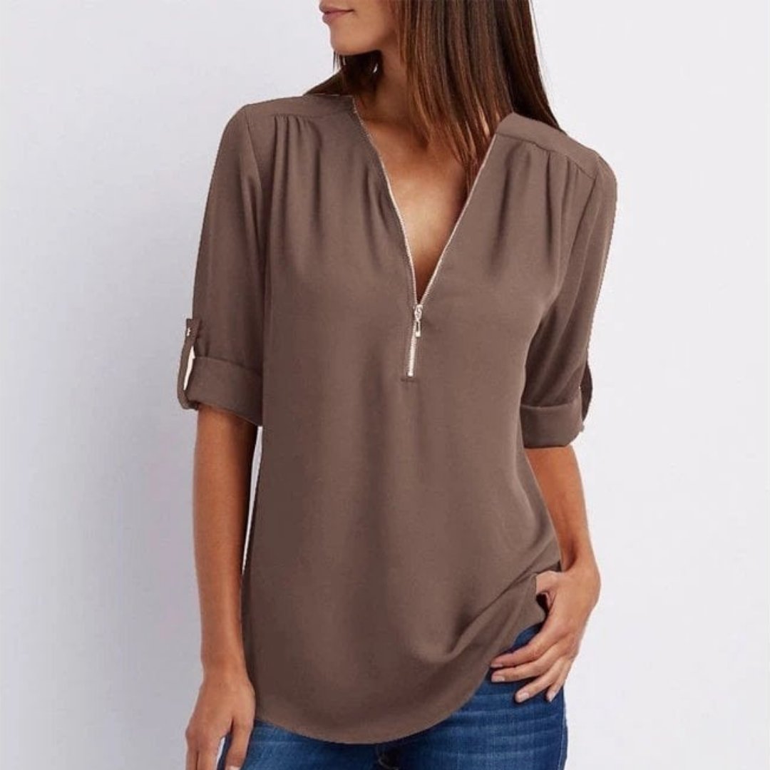 Women's Lightweight Zip-Front V-Neck Roll-Sleeve Blouse - Mocha