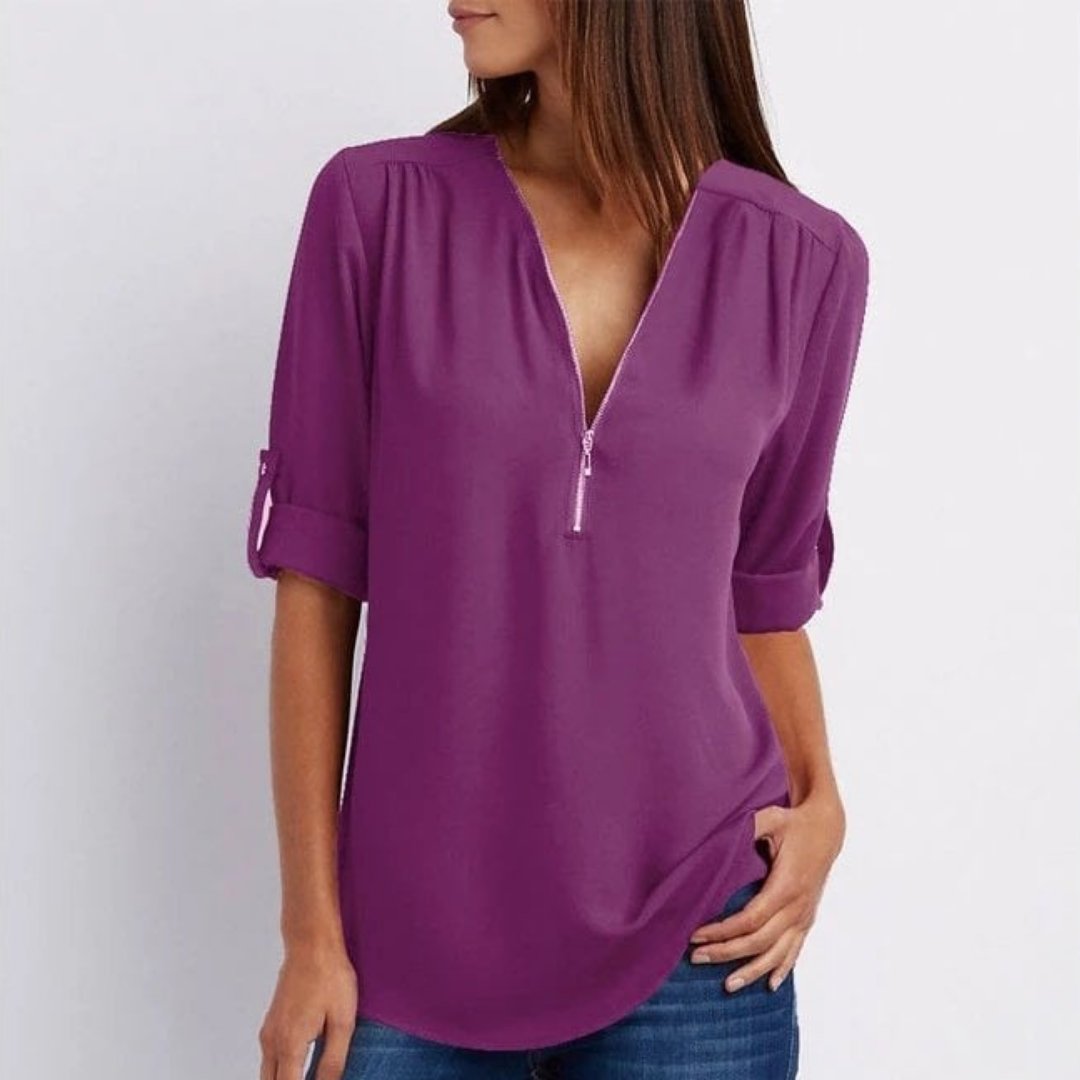 Women's Lightweight Zip-Front V-Neck Roll-Sleeve Blouse - Purple