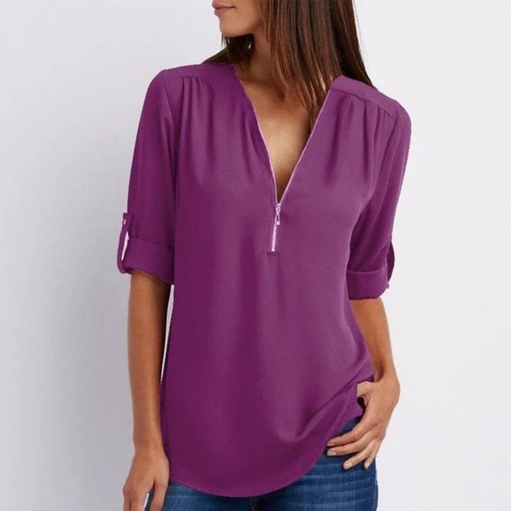 Women's Lightweight Zip-Front V-Neck Roll-Sleeve Blouse - Purple