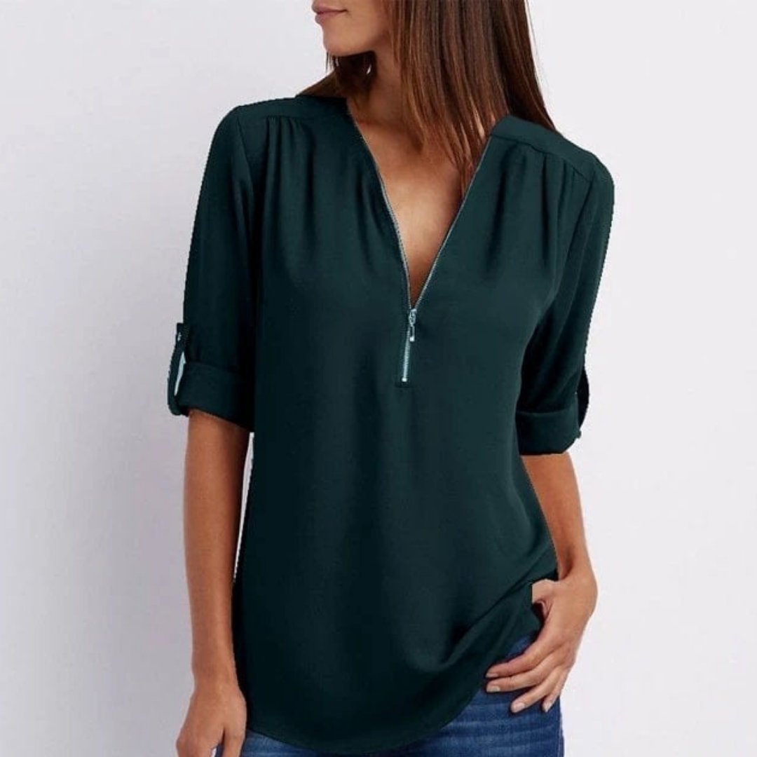 Women's Lightweight Zip-Front V-Neck Roll-Sleeve Blouse - Dark Green