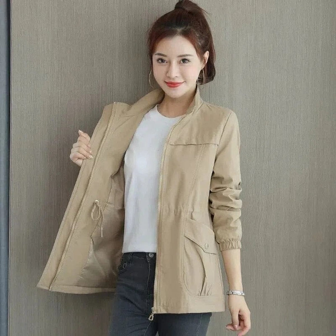 Women's Lightweight Zip-Up Drawstring Bomber Jacket - Khaki