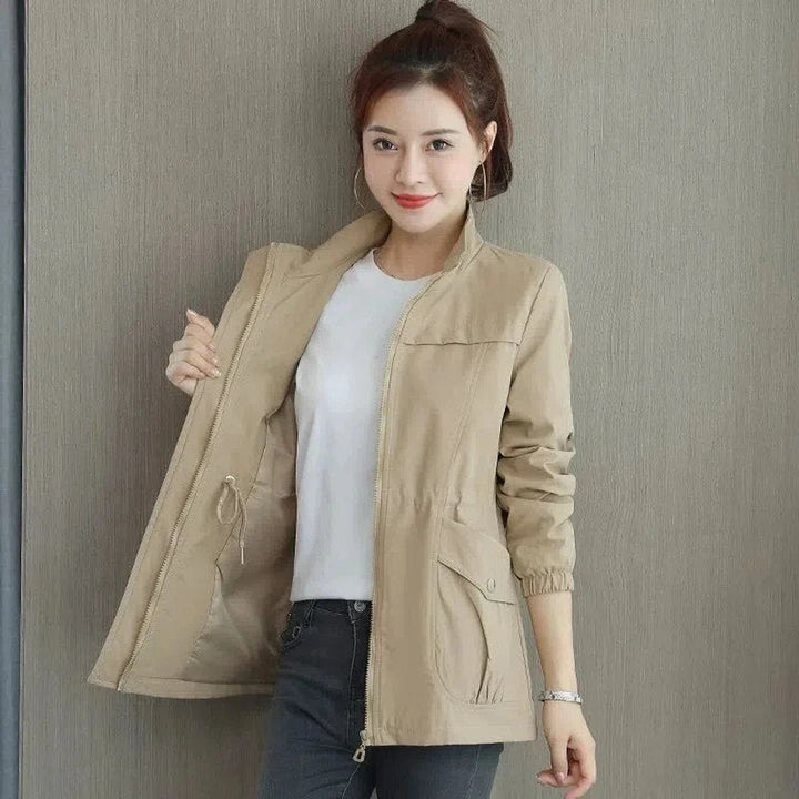 Women's Lightweight Zip-Up Drawstring Bomber Jacket - Khaki