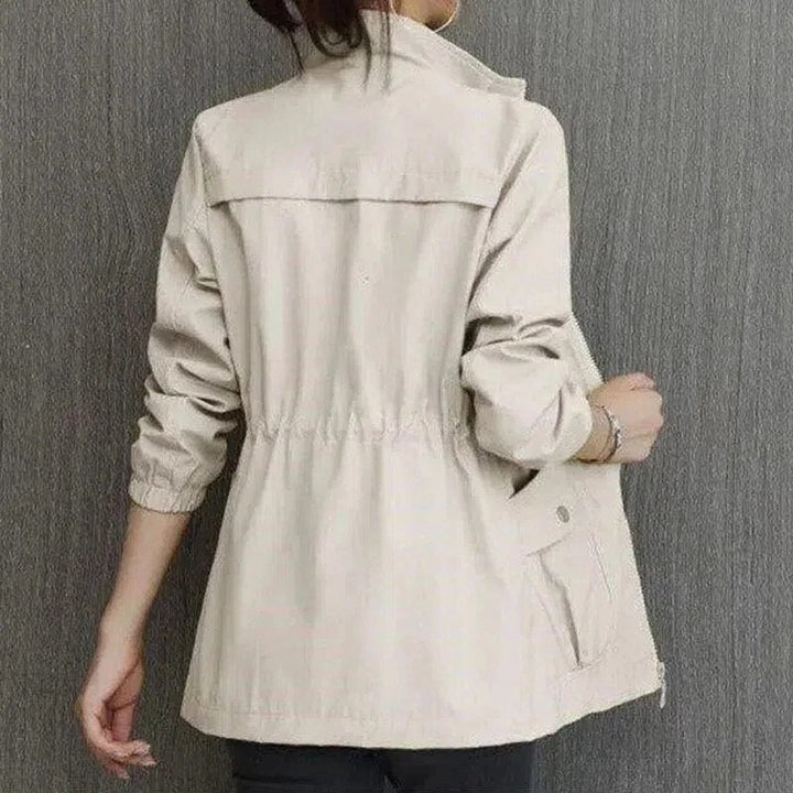Women's Lightweight Zip-Up Drawstring Bomber Jacket - Beige