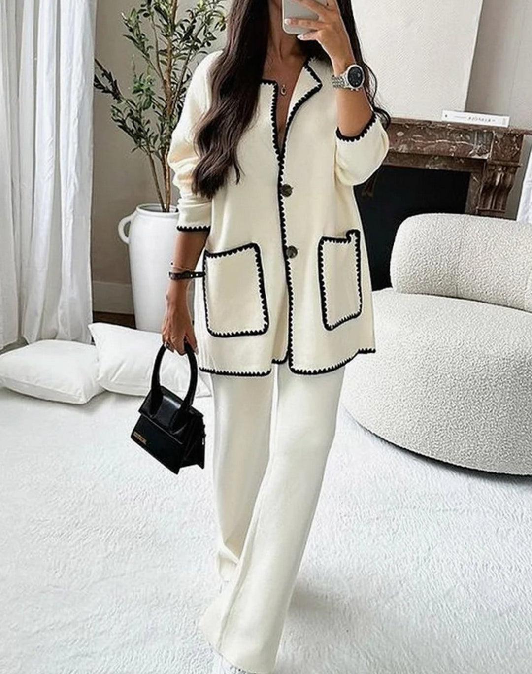 Women's Long Blazer Contrast-Trim Straight-Leg Pants Set - White