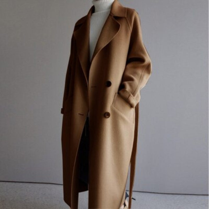Women's Long Double-Breasted Cashmere Blend Overcoat - Caramel