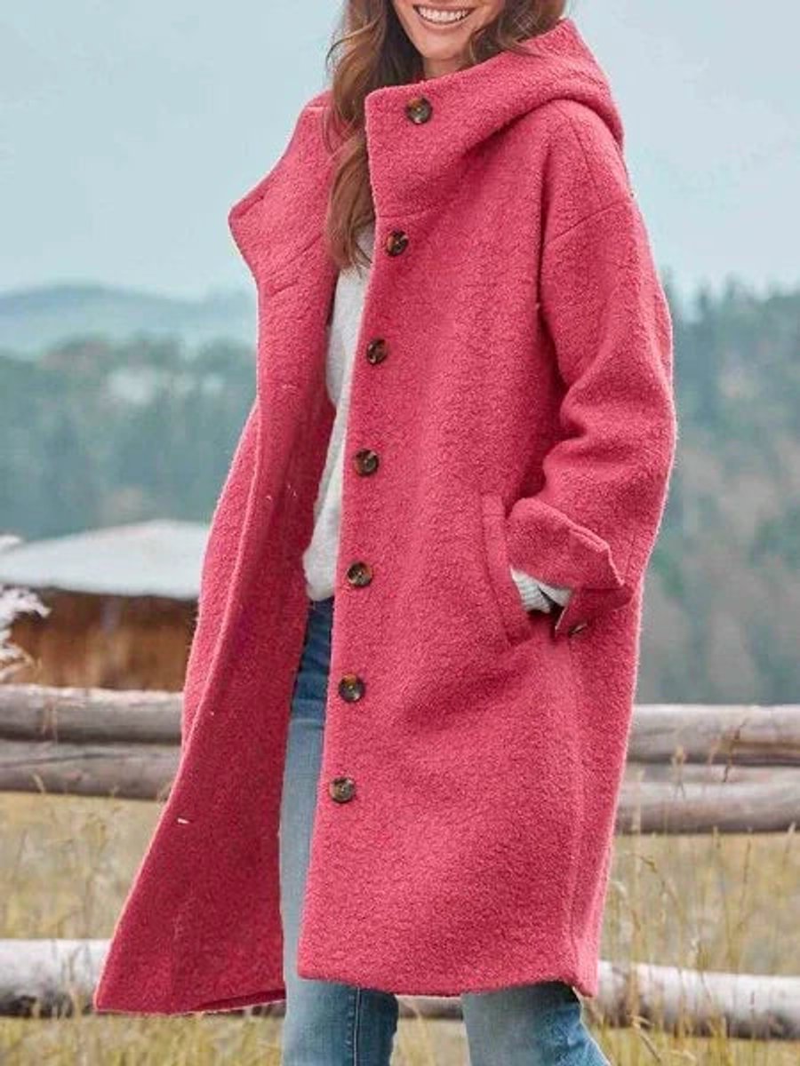 Women's Long Hooded Button-Front Fleece Coat - Pink