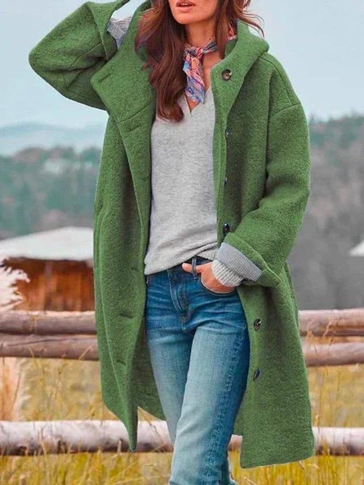 Women's Long Hooded Button-Front Fleece Coat - Dark Green