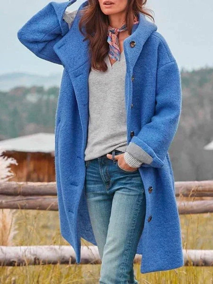 Women's Long Hooded Button-Front Fleece Coat - Blue
