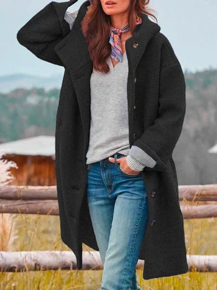 Women's Long Hooded Button-Front Fleece Coat - Black