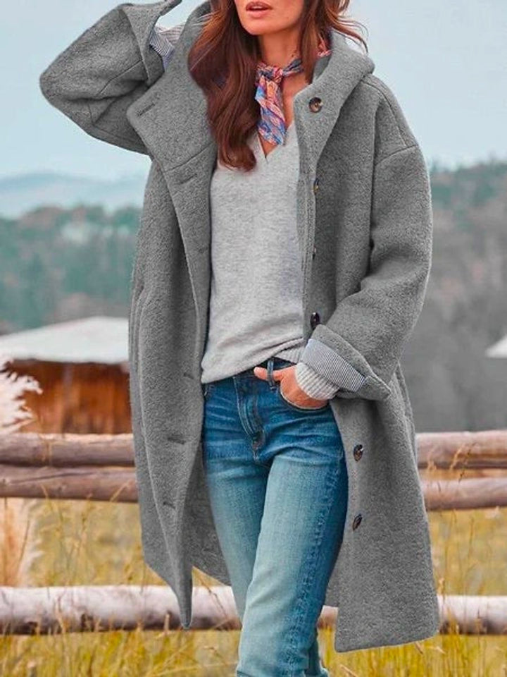 Women's Long Hooded Button-Front Fleece Coat - Gray
