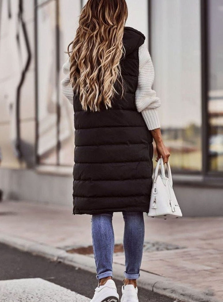 Women's Long Hooded Quilted Puffer Vest Sleeveless Winter Coat