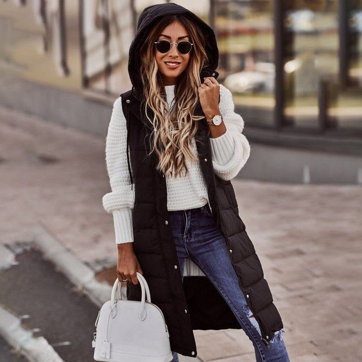 Women's Long Hooded Quilted Puffer Womens Gilet Vest - Black