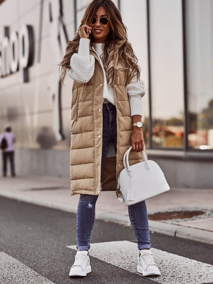 Women's Long Hooded Quilted Puffer Womens Gilet Vest - Beige