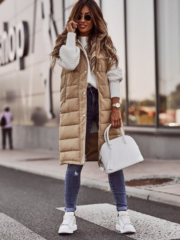 Women's Long Hooded Quilted Puffer Womens Gilet Vest - Beige