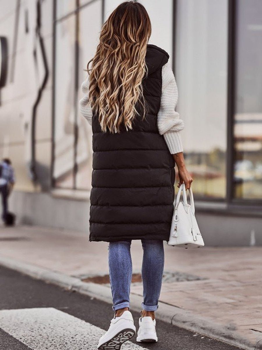 Women's Long Hooded Quilted Sleeveless Puffer Vest