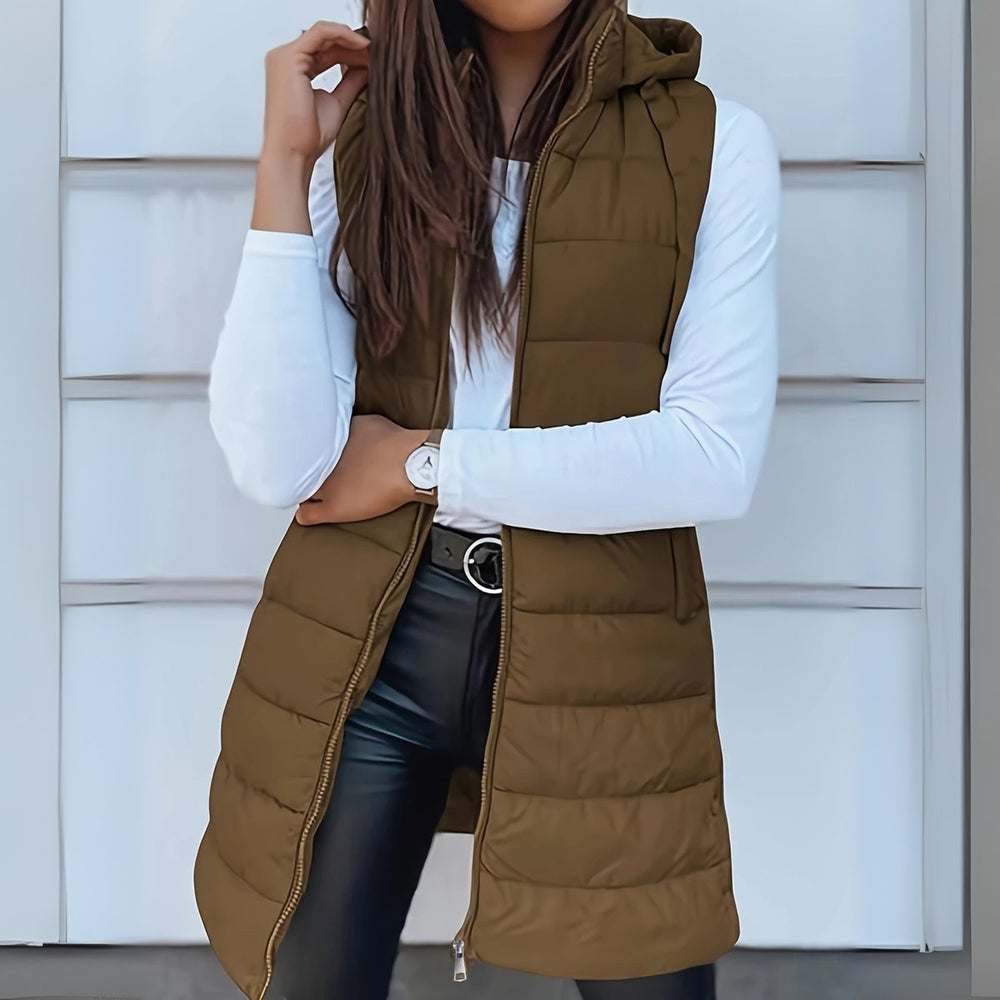 Women's Long Hooded Sleeveless Puffer Vest Lightweight Quilted Gilet - Khaki