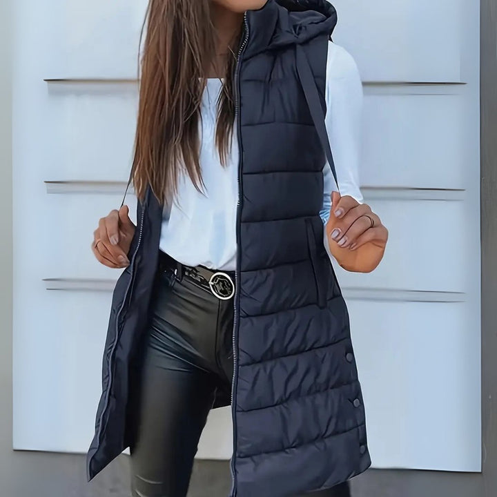 Women's Long Hooded Sleeveless Puffer Vest Lightweight Quilted Gilet - Navy Blue