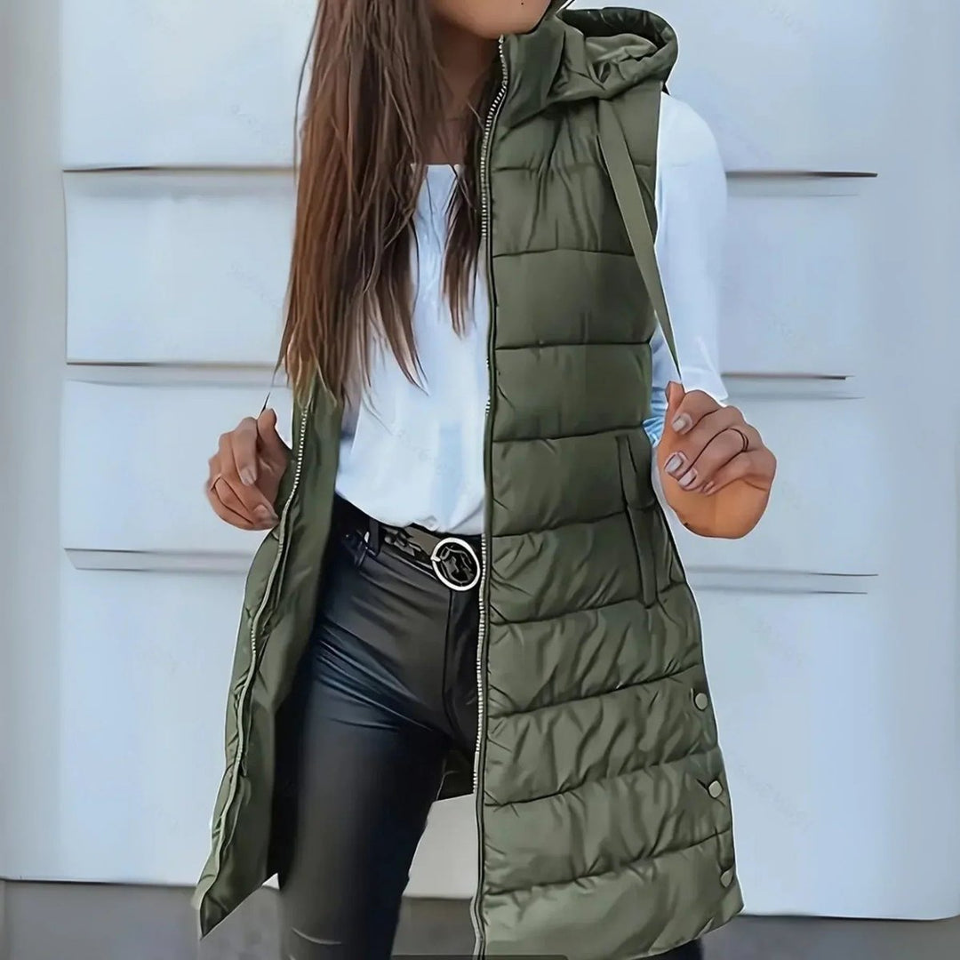 Women's Long Hooded Sleeveless Puffer Vest Lightweight Quilted Gilet - Olive Green