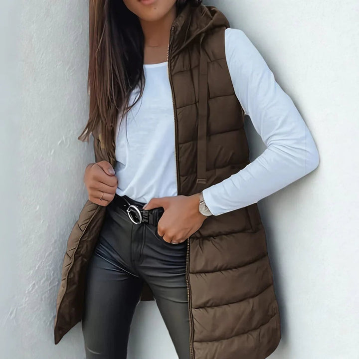 Women's Long Hooded Sleeveless Puffer Vest Lightweight Quilted Gilet - Brown