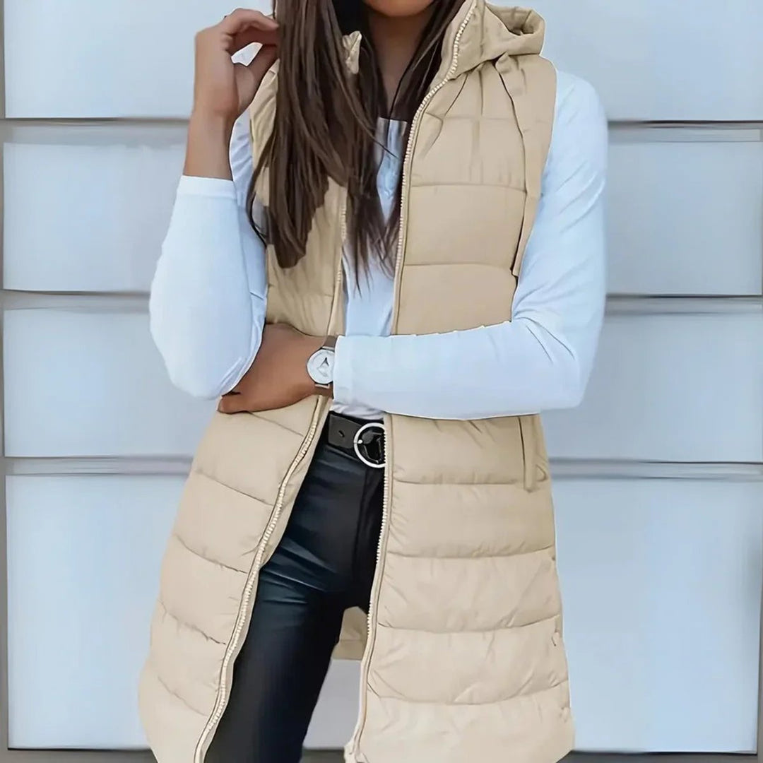 Women's Long Hooded Sleeveless Puffer Vest Lightweight Quilted Gilet - Beige