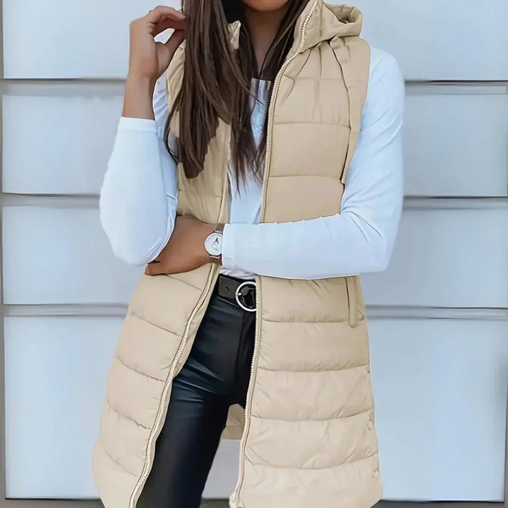 Women's Long Hooded Sleeveless Puffer Vest Lightweight Quilted Gilet - Beige