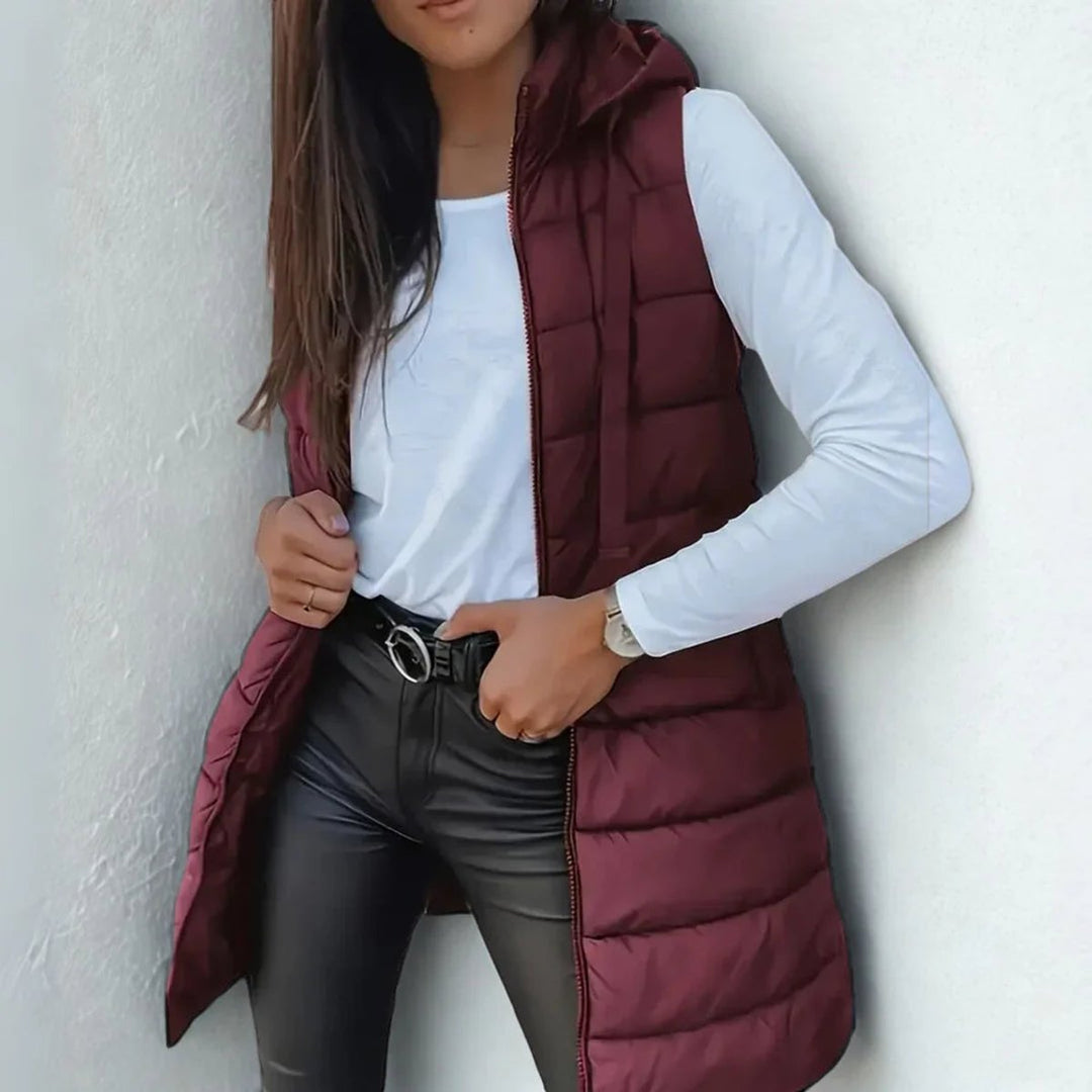 Women's Long Hooded Sleeveless Puffer Vest Lightweight Quilted Gilet - Chestnut Brown
