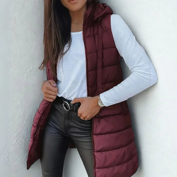 Women's Long Hooded Sleeveless Puffer Vest Lightweight Quilted Gilet - Chestnut Brown