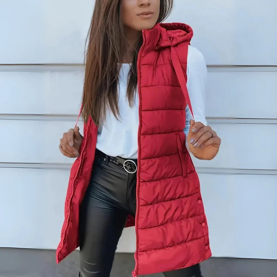 Women's Long Hooded Sleeveless Puffer Vest Lightweight Quilted Gilet - Red