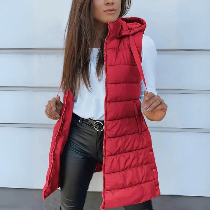 Women's Long Hooded Sleeveless Puffer Vest Lightweight Quilted Gilet - Red