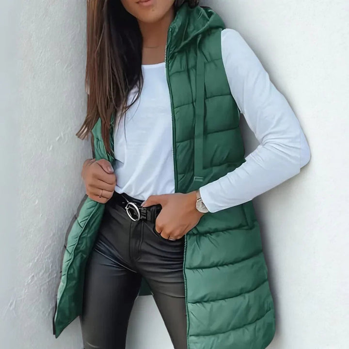 Women's Long Hooded Sleeveless Puffer Vest Lightweight Quilted Gilet - Green